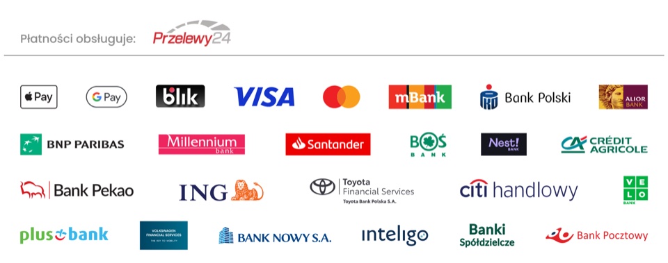 Płatności obsługuje Przelewy24: Apple Pay, Google Pay, BLIK, Visa, Mastercard i przelewy bankowe