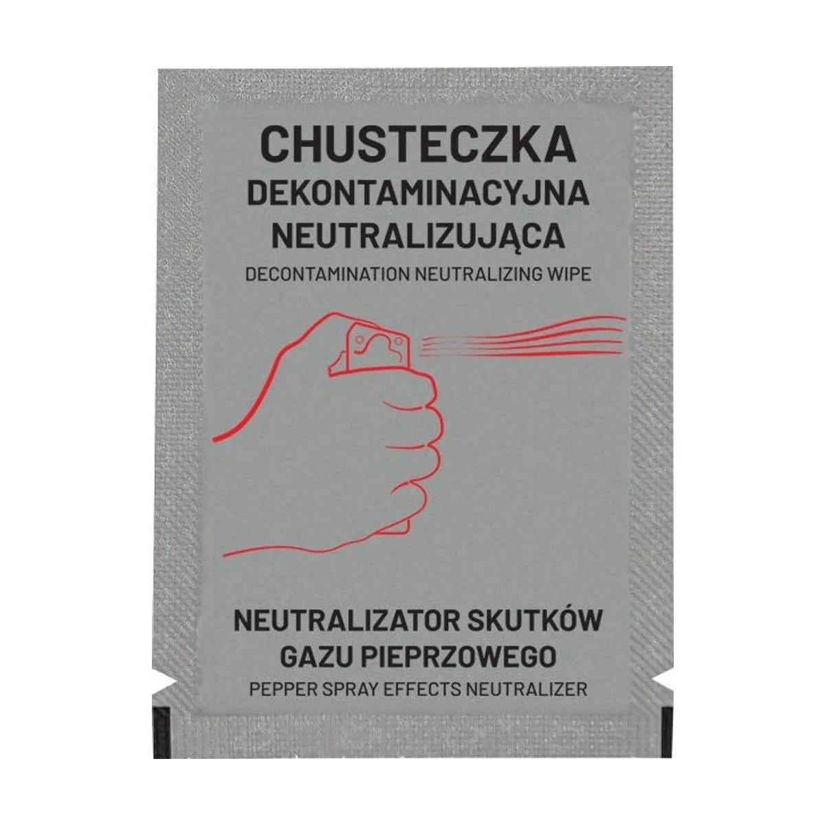 Saszetka z chusteczką dekontaminacyjną neutralizującą gaz pieprzowy — przód